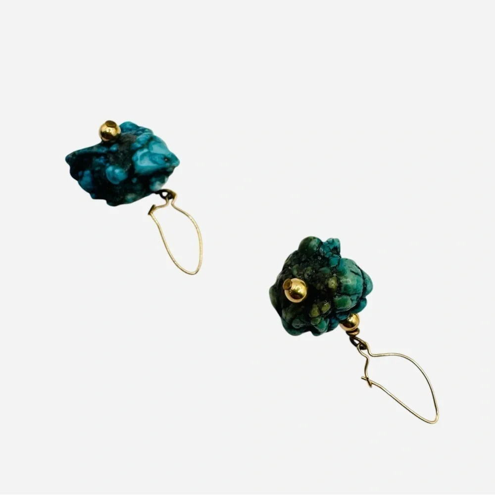 Raw Turquoise Nugget Drop Earrings Boho Gold Tone